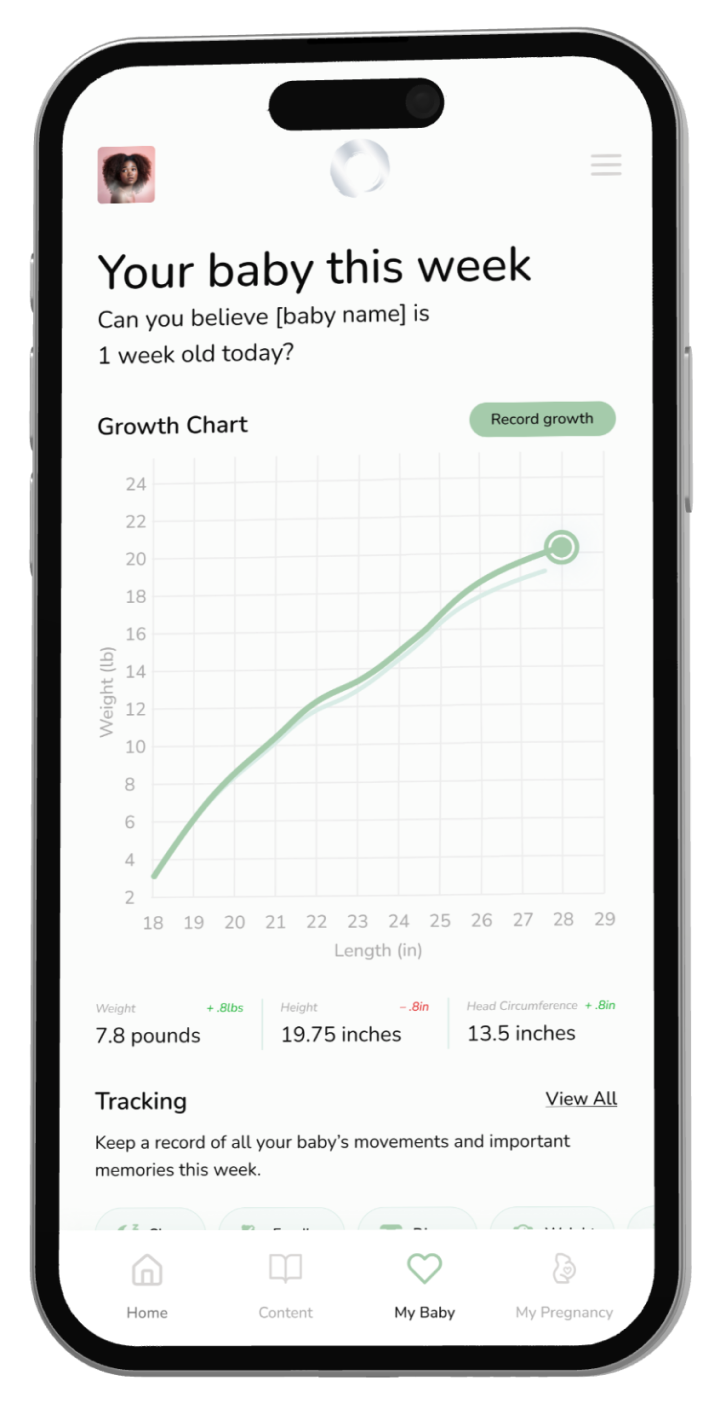A phone with the growth tracker feature displayed